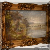A02. Landscape oil painting on board. ”A Lake Shore” by George Augustus McKinstry. Frame has some damage. 11” x 17” 